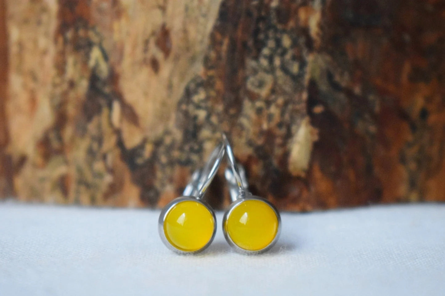 Yellow agate earrings, 10mm Gemstone dangle earrings, Small earrings, Leverback stainless steel earrings, Handmade jewelry gift