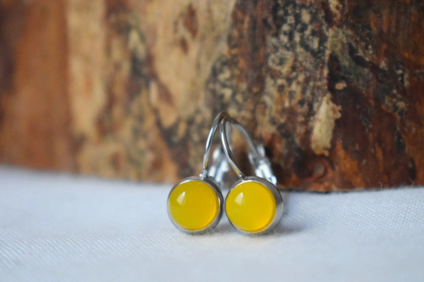 Yellow agate earrings, 10mm Gemstone dangle earrings, Small earrings, Leverback stainless steel earrings, Handmade jewelry gift