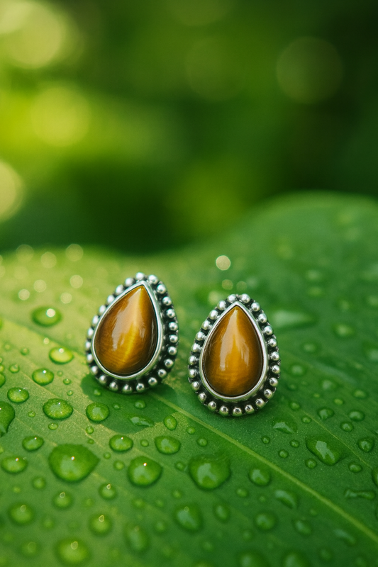 Teardrop Tiger's Eye Stud Earrings, 925 Sterling Silver, Small Brown Gemstone Jewelry, Natural Healing Chakra Stone,  Handmade jewelry gift