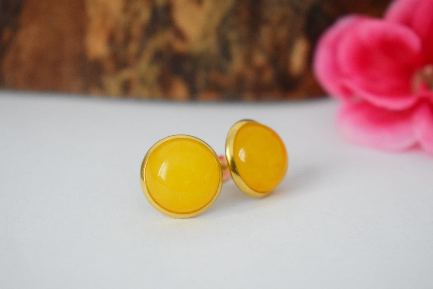 Yellow jade stud earrings, Jade gold earrings, Stainless steel, 12mm, Jade jewelry, Birthstone, Healing stone, Handmade jewelry gift for her