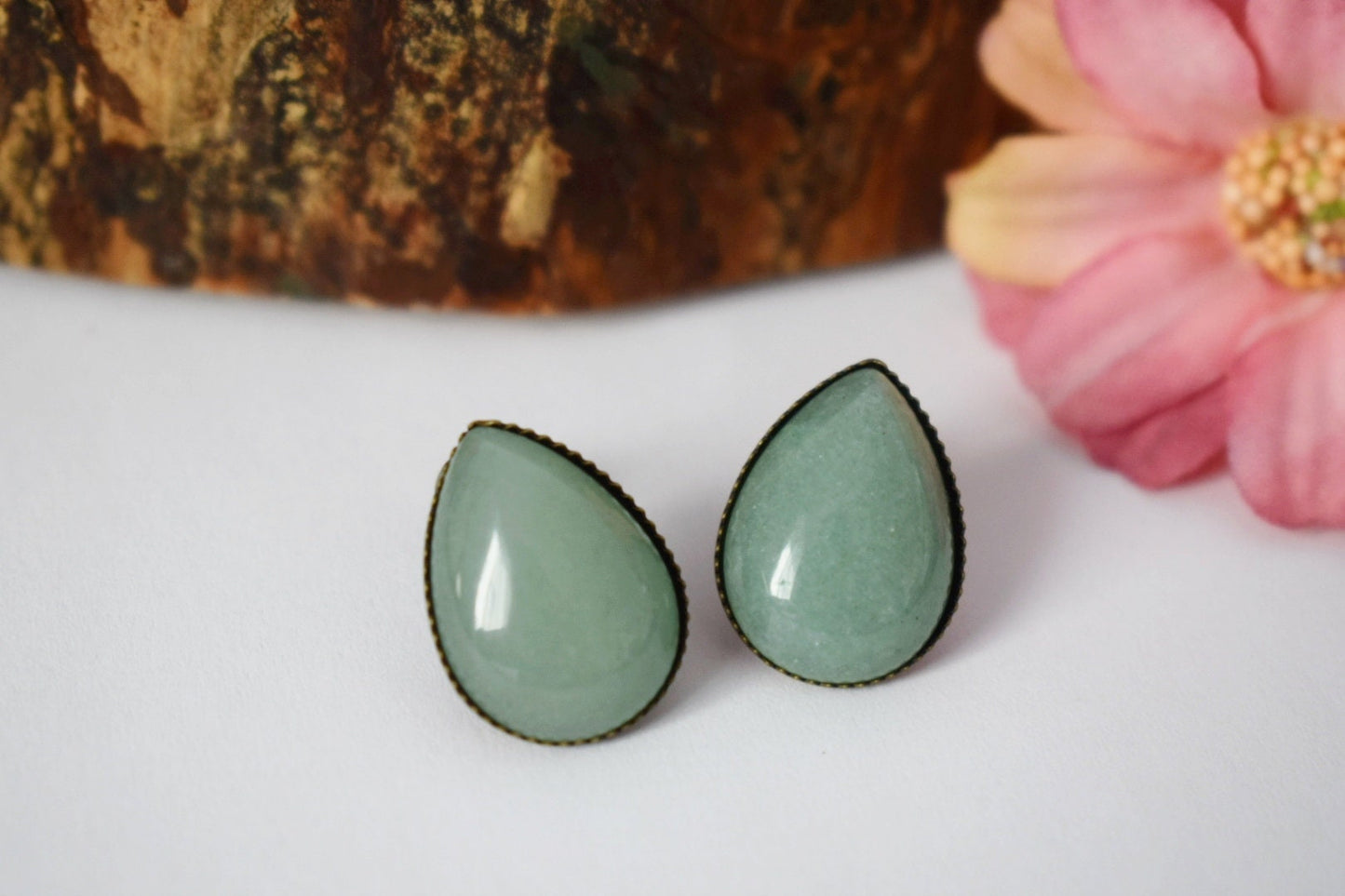 Teardrop Aventurine Stud Earrings, Green Gemstone, Antique Bronze, Vintage Birthstone Earrings, Gift for her