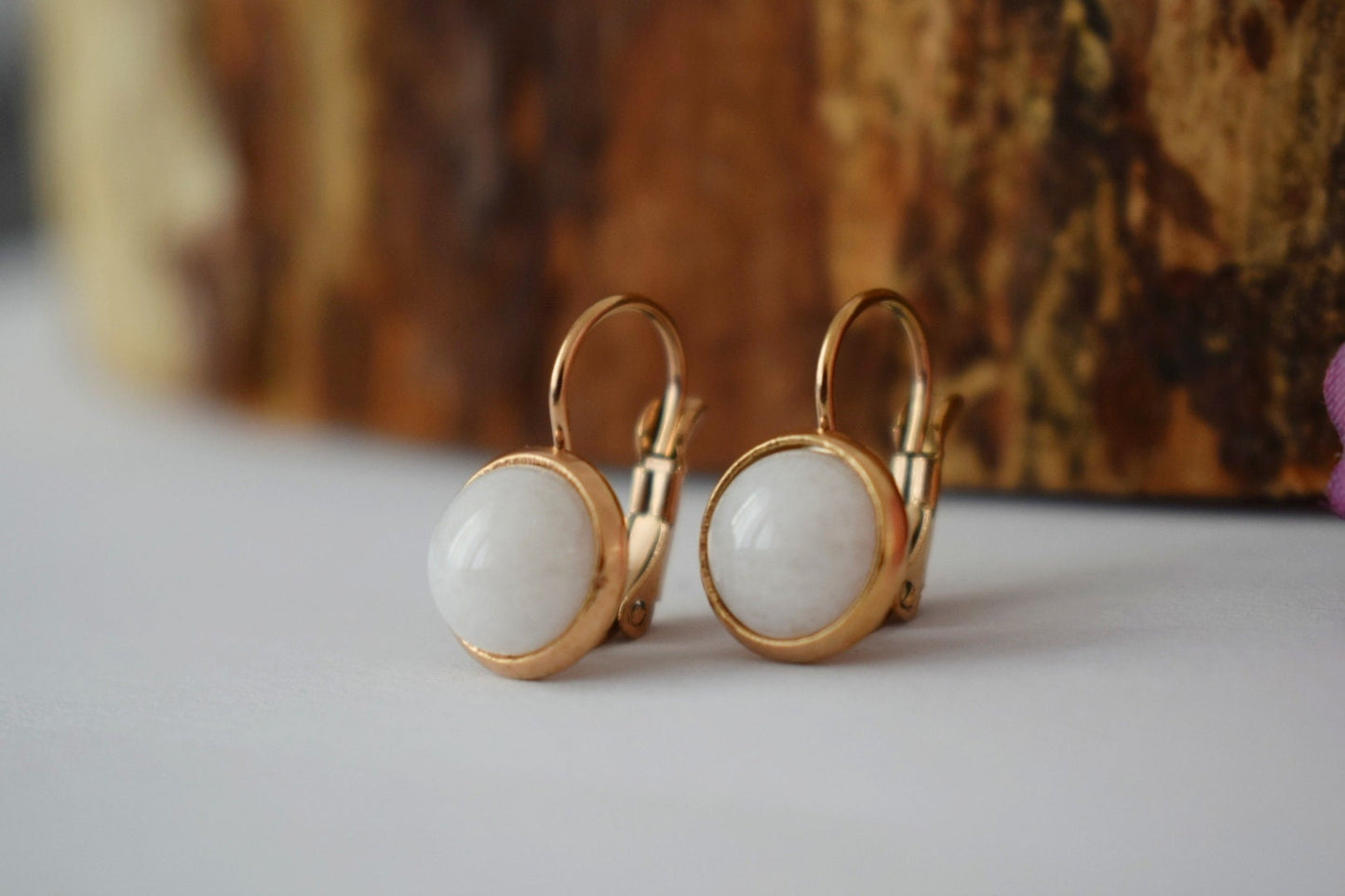 White jade earrings, Small rose gold gemstone hanging earrings, 10mm dangle earrings, Handmade jewelry gift for her