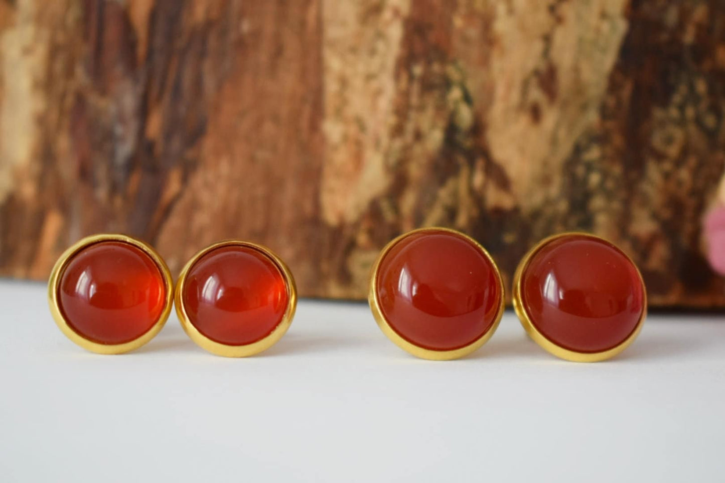 Carnelian stud earrings, Gold, Gemstone Carnelian earrings, Round, Stainless steel, Natural stone studs, Red, Carnelian jewelry, Gift her