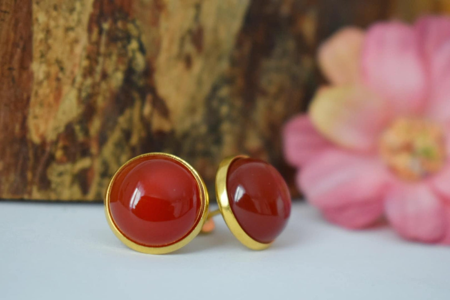 Carnelian stud earrings, Gold, Gemstone Carnelian earrings, Round, Stainless steel, Natural stone studs, Red, Carnelian jewelry, Gift her