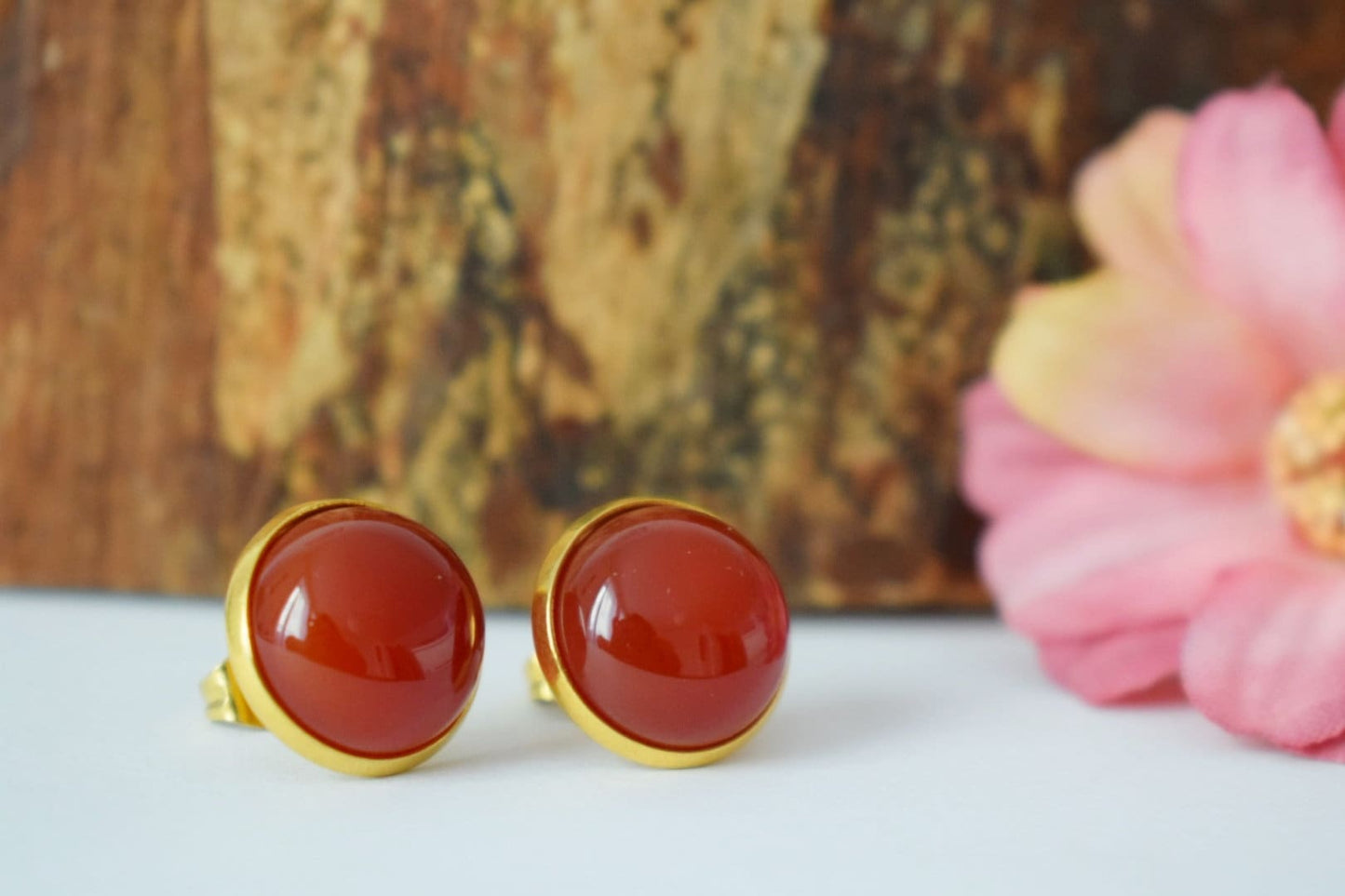 Carnelian stud earrings, Gold, Gemstone Carnelian earrings, Round, Stainless steel, Natural stone studs, Red, Carnelian jewelry, Gift her