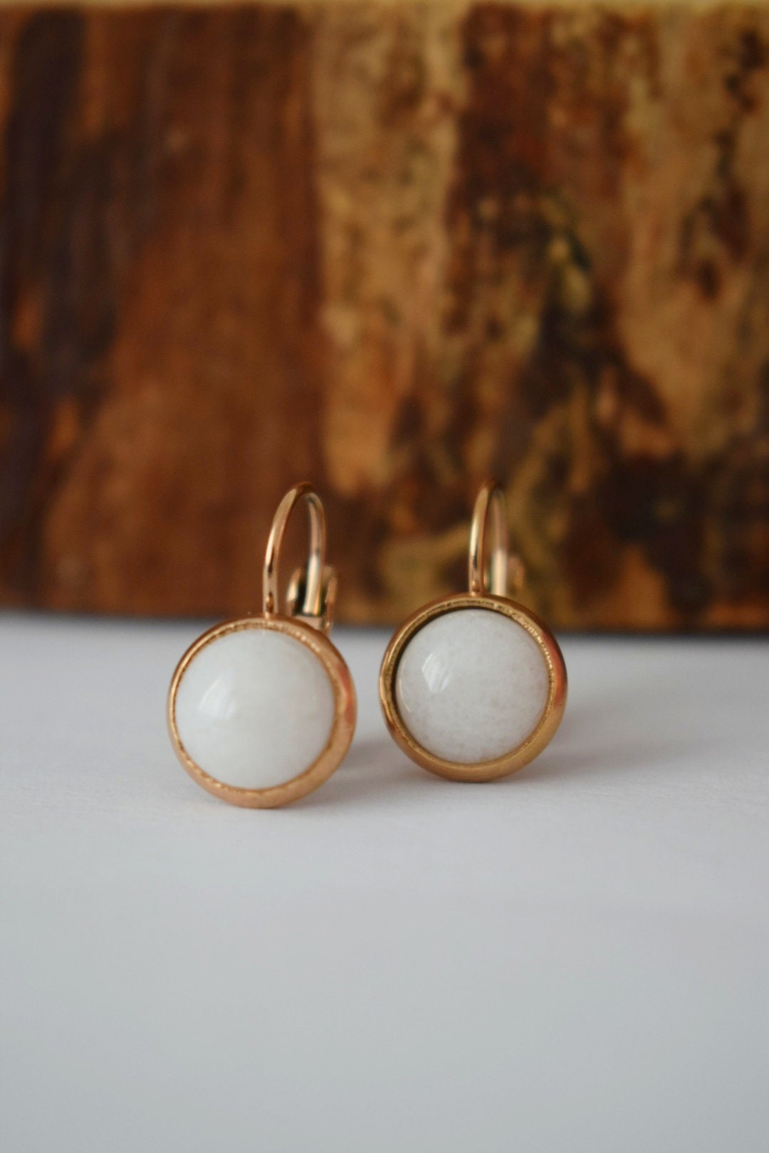 White jade earrings, Small rose gold gemstone hanging earrings, 10mm dangle earrings, Handmade jewelry gift for her