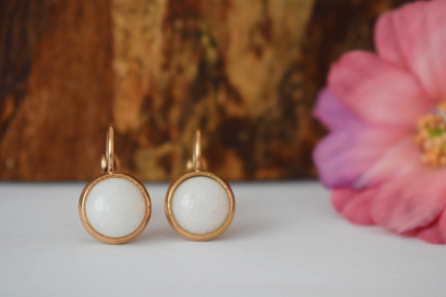 White jade earrings, Small rose gold gemstone hanging earrings, 10mm dangle earrings, Handmade jewelry gift for her