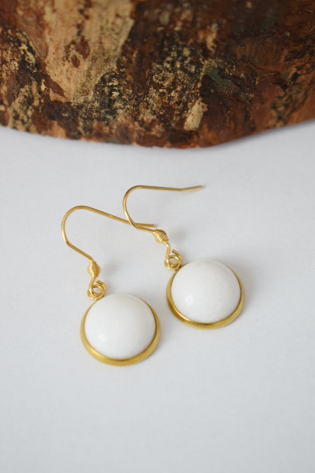 White jade dangle earrings 18k gold plated stainless steel 10mm pendant and earrings hooks, Best Christmas gift for her