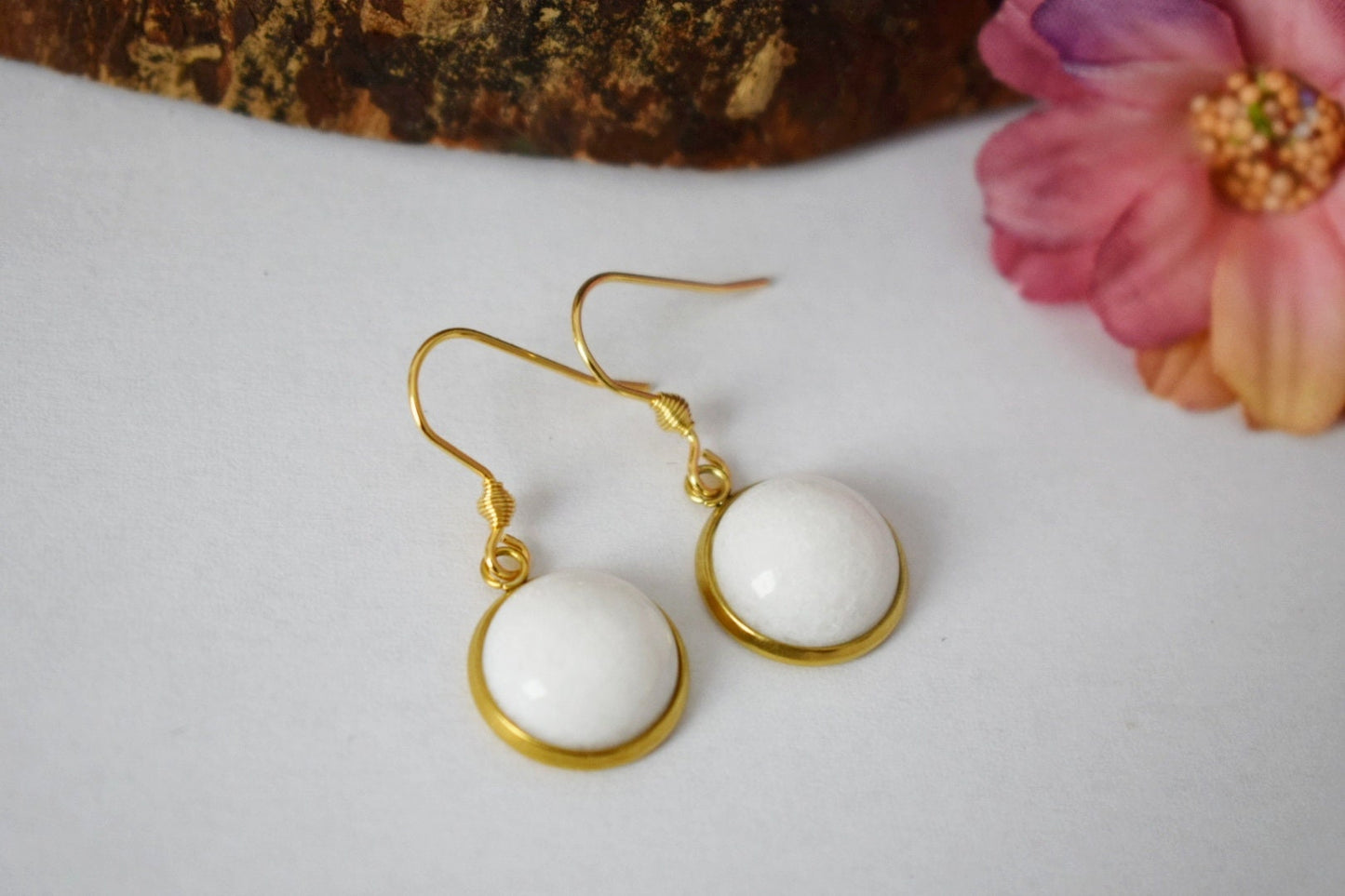 White jade dangle earrings 18k gold plated stainless steel 10mm pendant and earrings hooks, Best Christmas gift for her