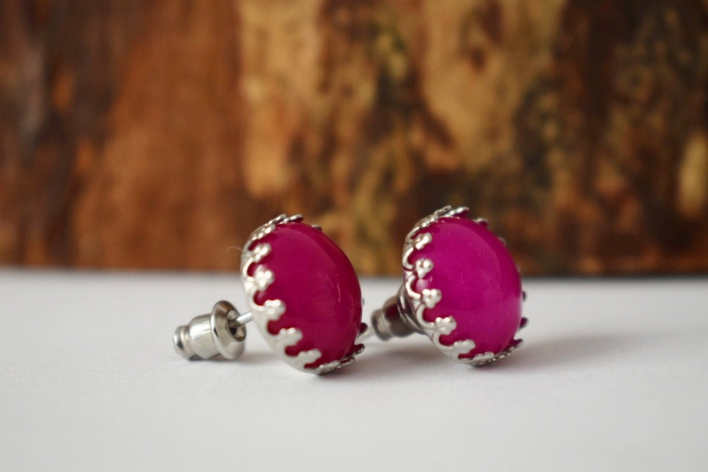 Pink Jade Stud Earrings, Gemstone earrings, Stone stainless steel stud push-back earrings, Post earrings, Handmade jewelry gifts