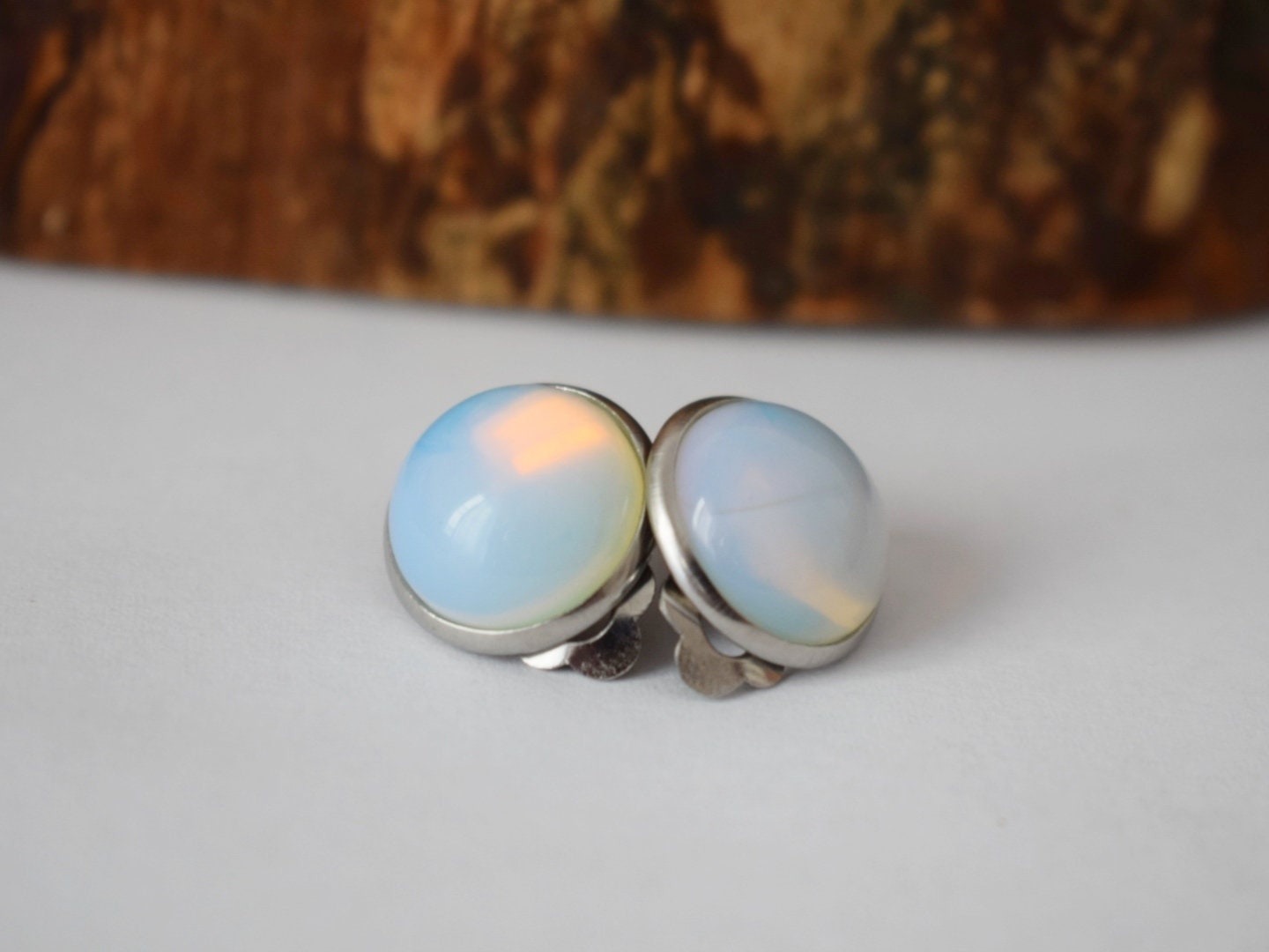 Ear clips, Moonstone earrings, Opalite, Woman clip on earrings, Gemstone clips, Girl, Stainless steel clip on earring, Bridesmaid, Gift