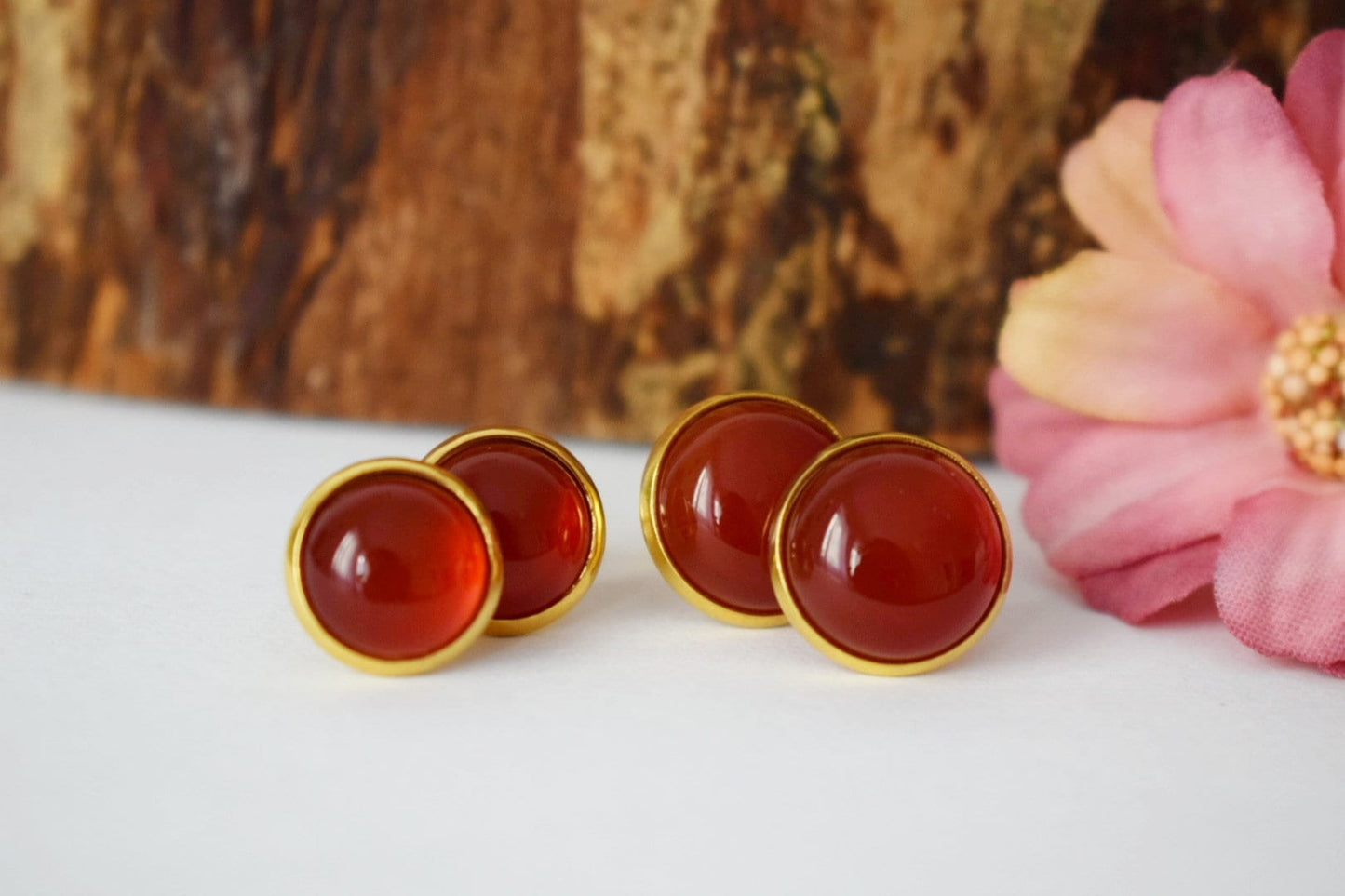 Carnelian stud earrings, Gold, Gemstone Carnelian earrings, Round, Stainless steel, Natural stone studs, Red, Carnelian jewelry, Gift her