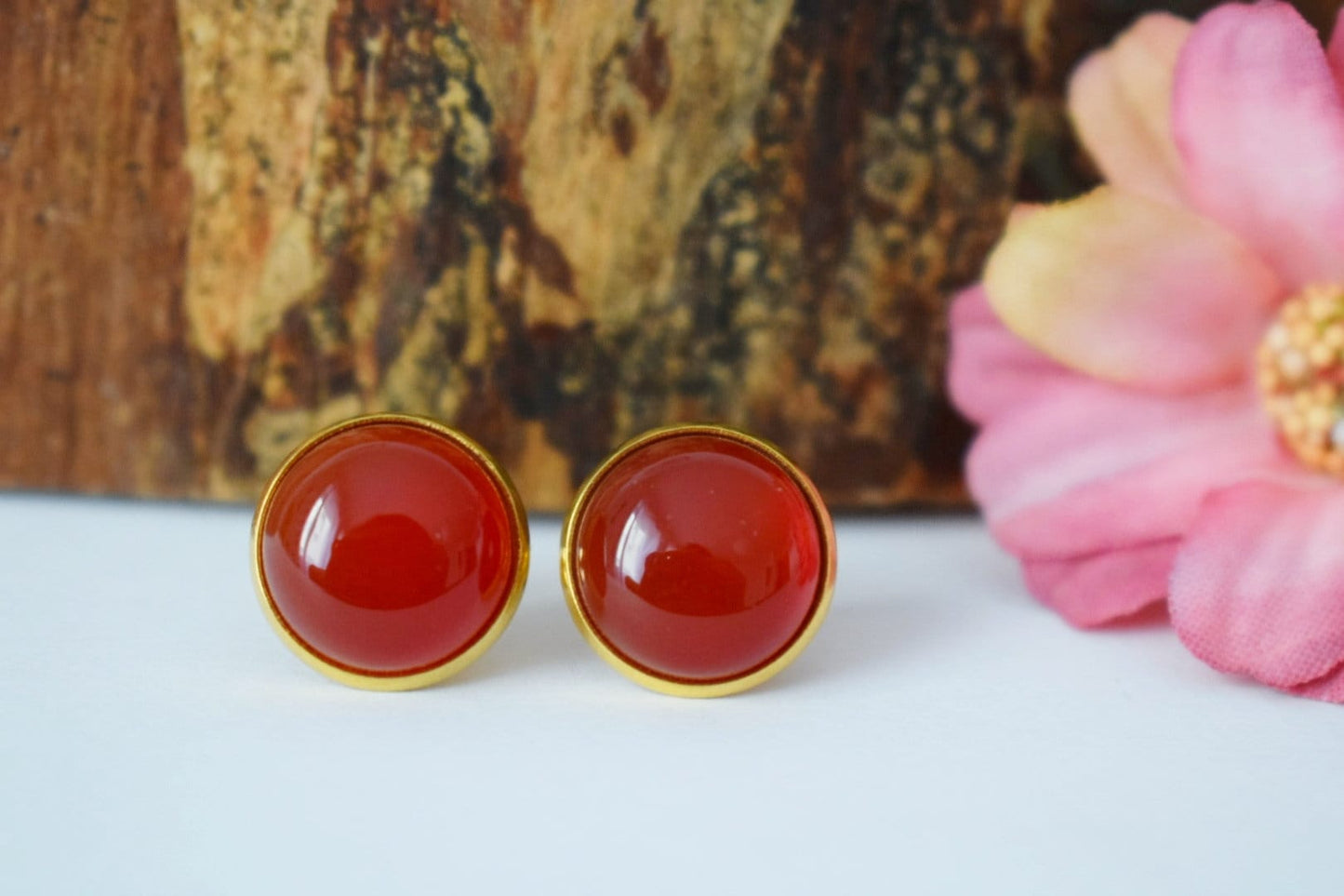 Carnelian stud earrings, Gold, Gemstone Carnelian earrings, Round, Stainless steel, Natural stone studs, Red, Carnelian jewelry, Gift her