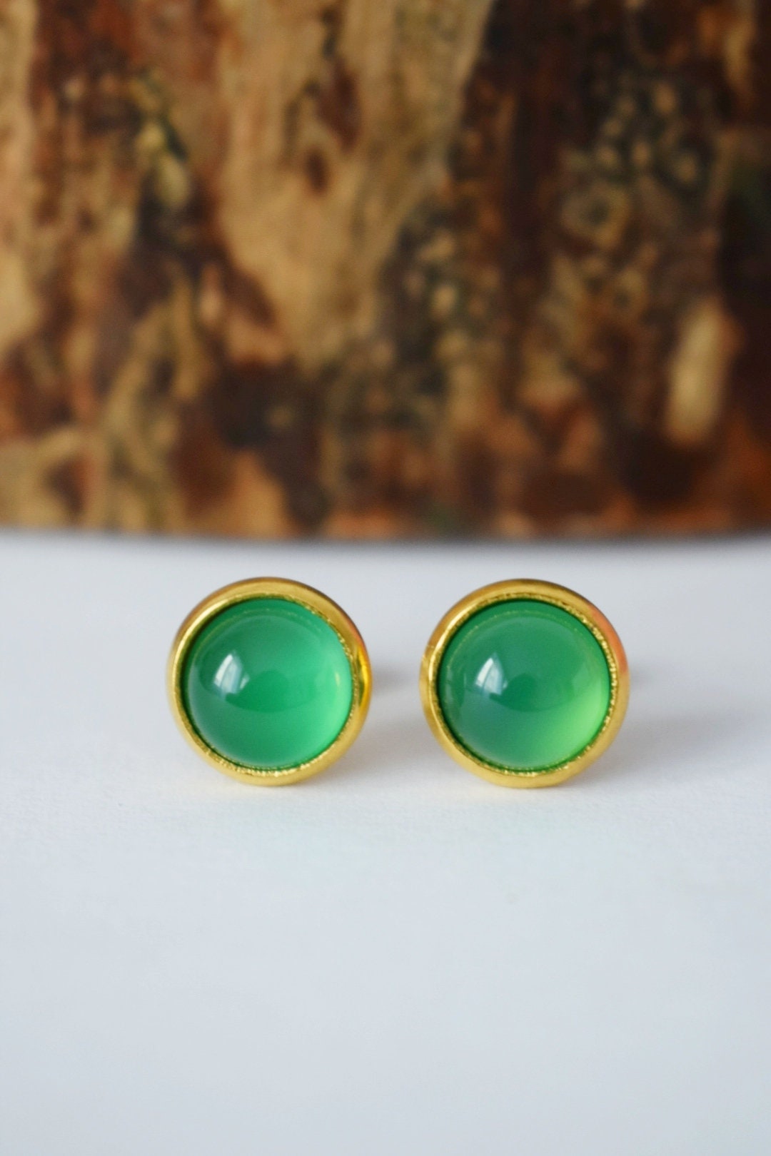 Green agate earrings, Stud earrings gemstone, Small round earrings, 10mm earrings, Minimalist birthstone jewelry, Gift for her