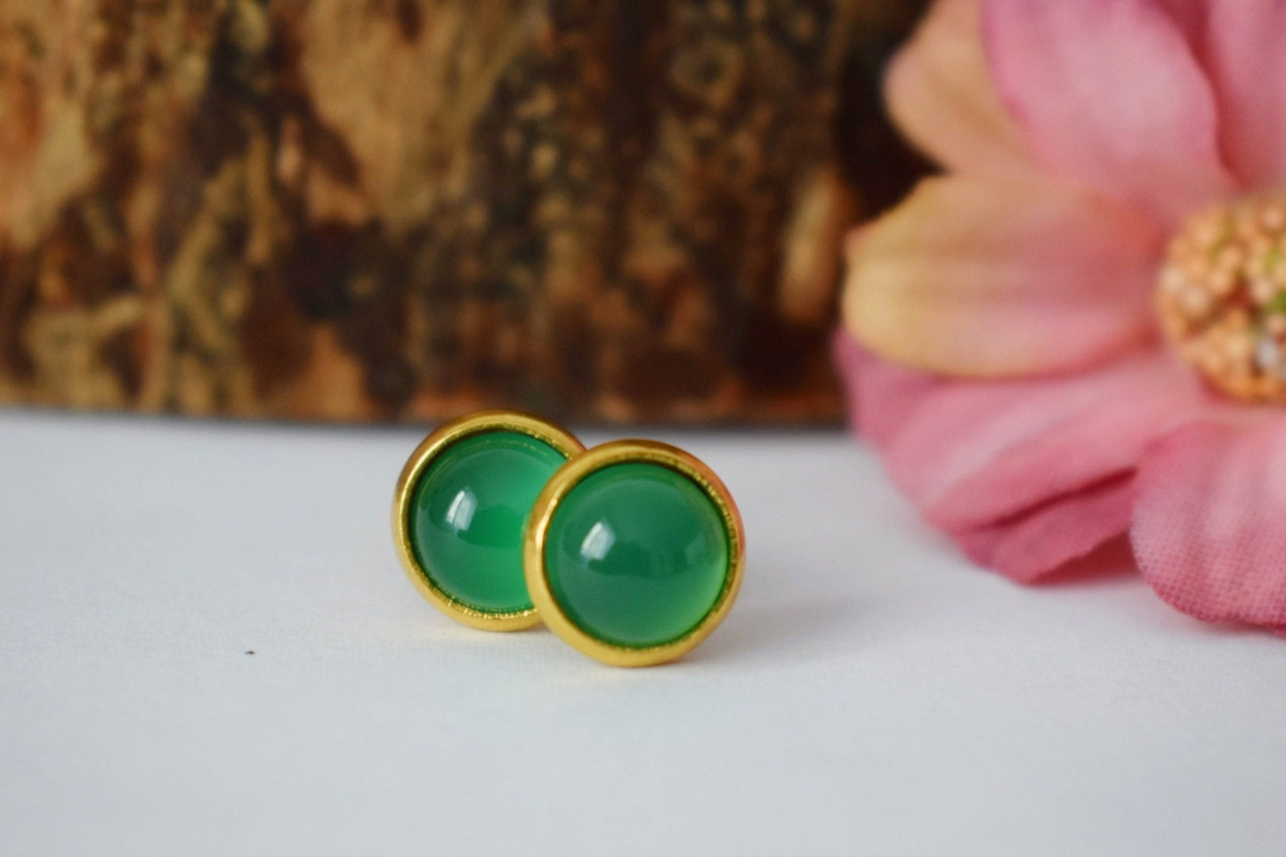 Green agate earrings, Stud earrings gemstone, Small round earrings, 10mm earrings, Minimalist birthstone jewelry, Gift for her