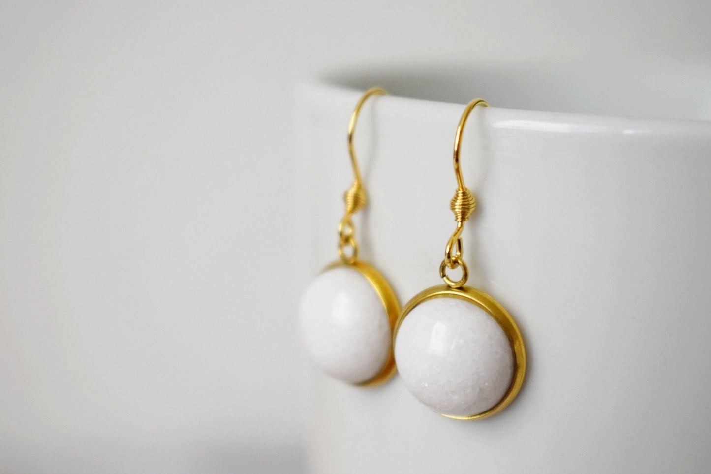 White jade dangle earrings 18k gold plated stainless steel 10mm pendant and earrings hooks, Best Christmas gift for her