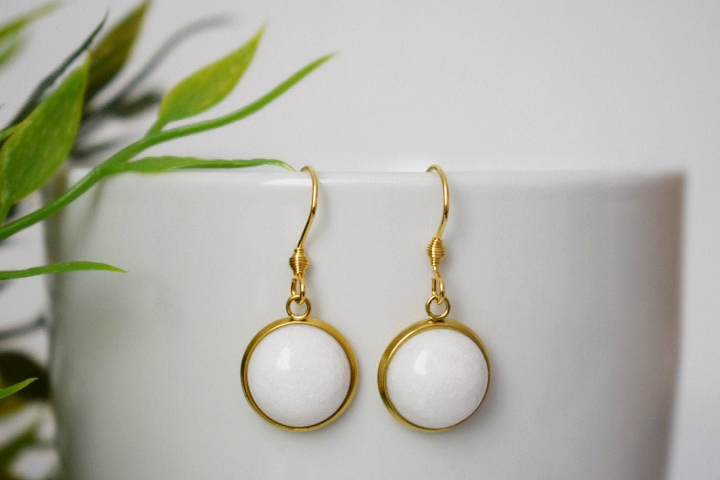 White jade dangle earrings 18k gold plated stainless steel 10mm pendant and earrings hooks, Best Christmas gift for her