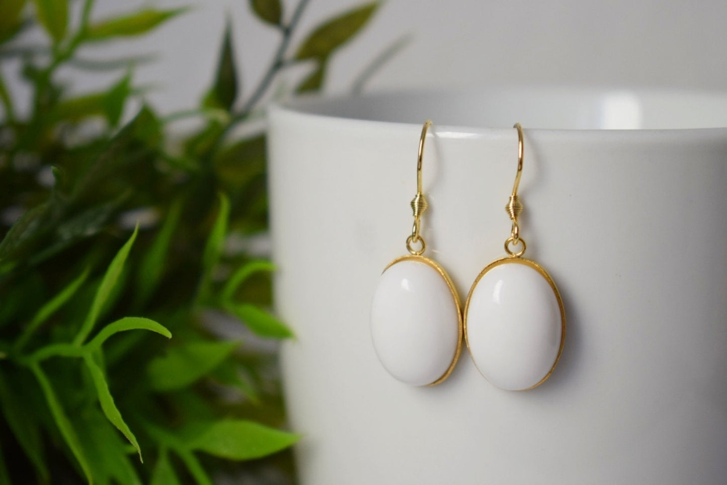 White jade oval gold earrings, White gemstone dangle drop earrings, Hanging stone earrings, Jade gold jewelry, Anniversary gifts for women