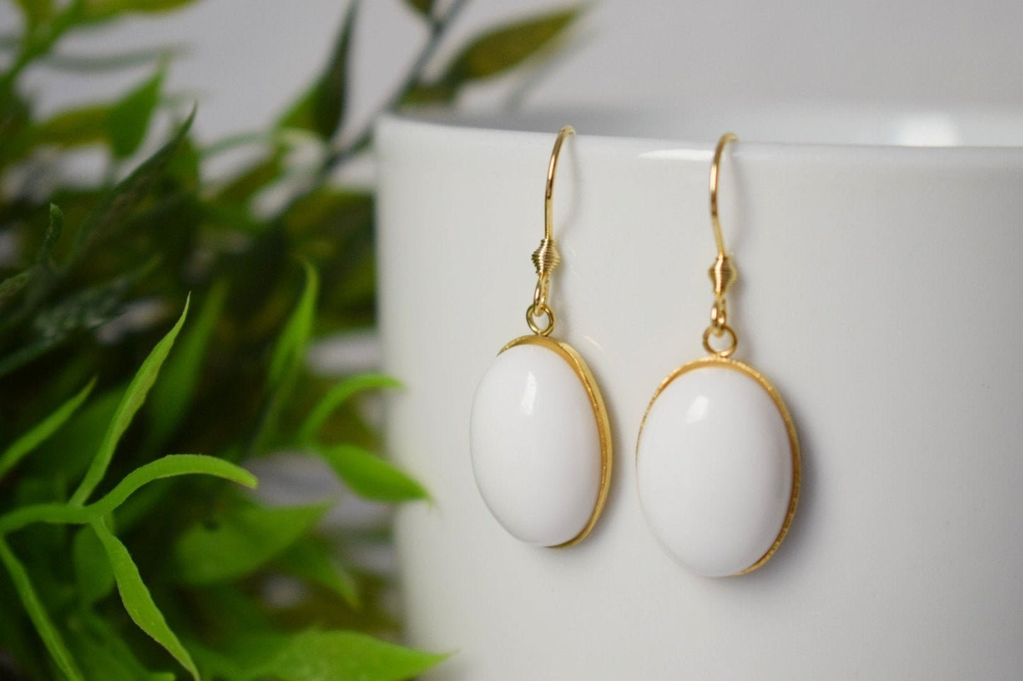 White jade oval gold earrings, White gemstone dangle drop earrings, Hanging stone earrings, Jade gold jewelry, Anniversary gifts for women