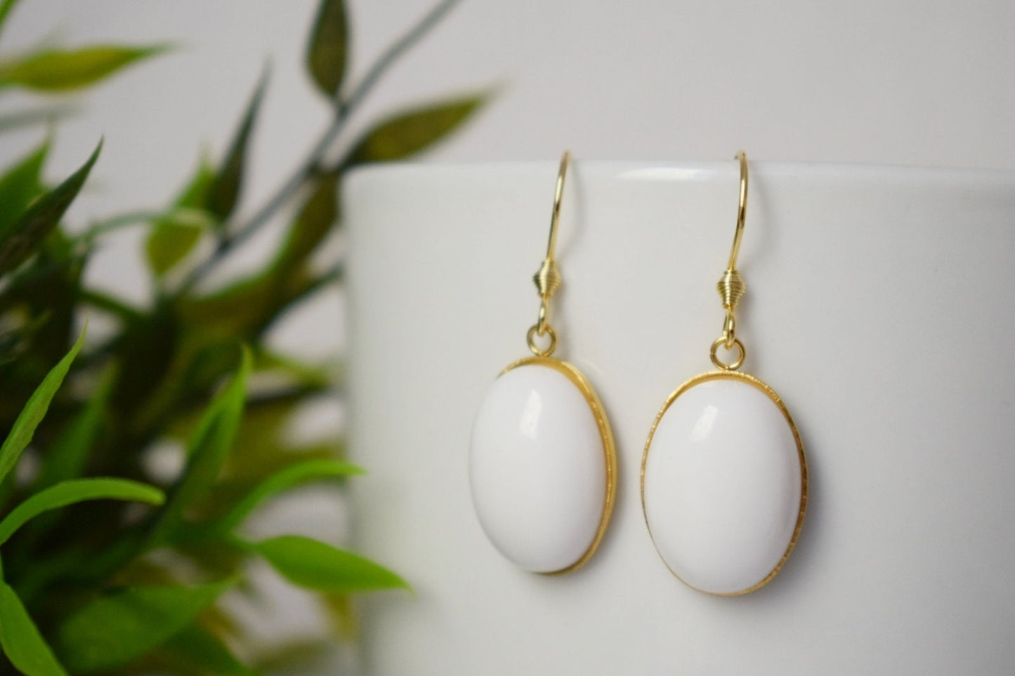White jade oval gold earrings, White gemstone dangle drop earrings, Hanging stone earrings, Jade gold jewelry, Anniversary gifts for women