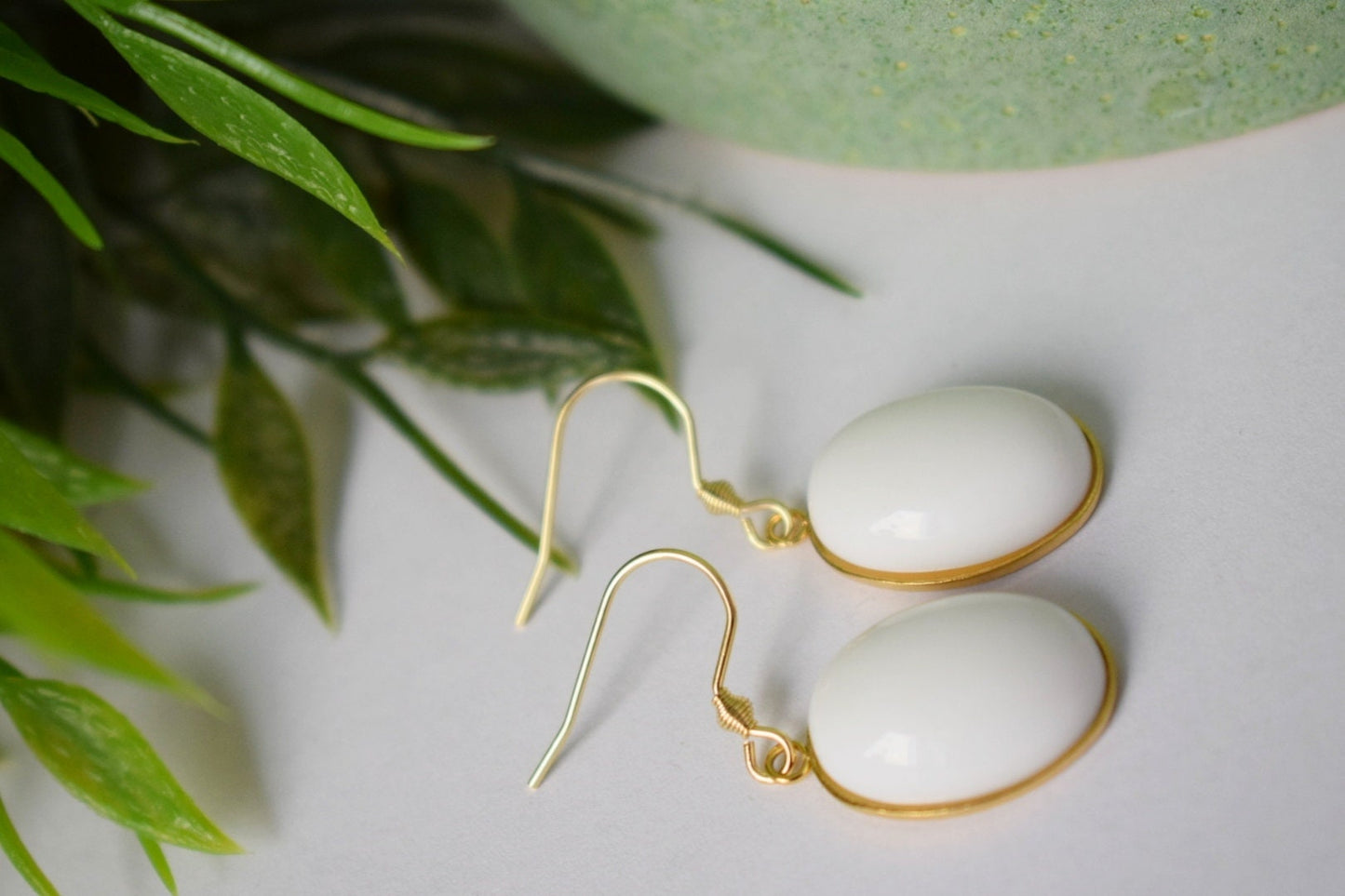 White jade oval gold earrings, White gemstone dangle drop earrings, Hanging stone earrings, Jade gold jewelry, Anniversary gifts for women