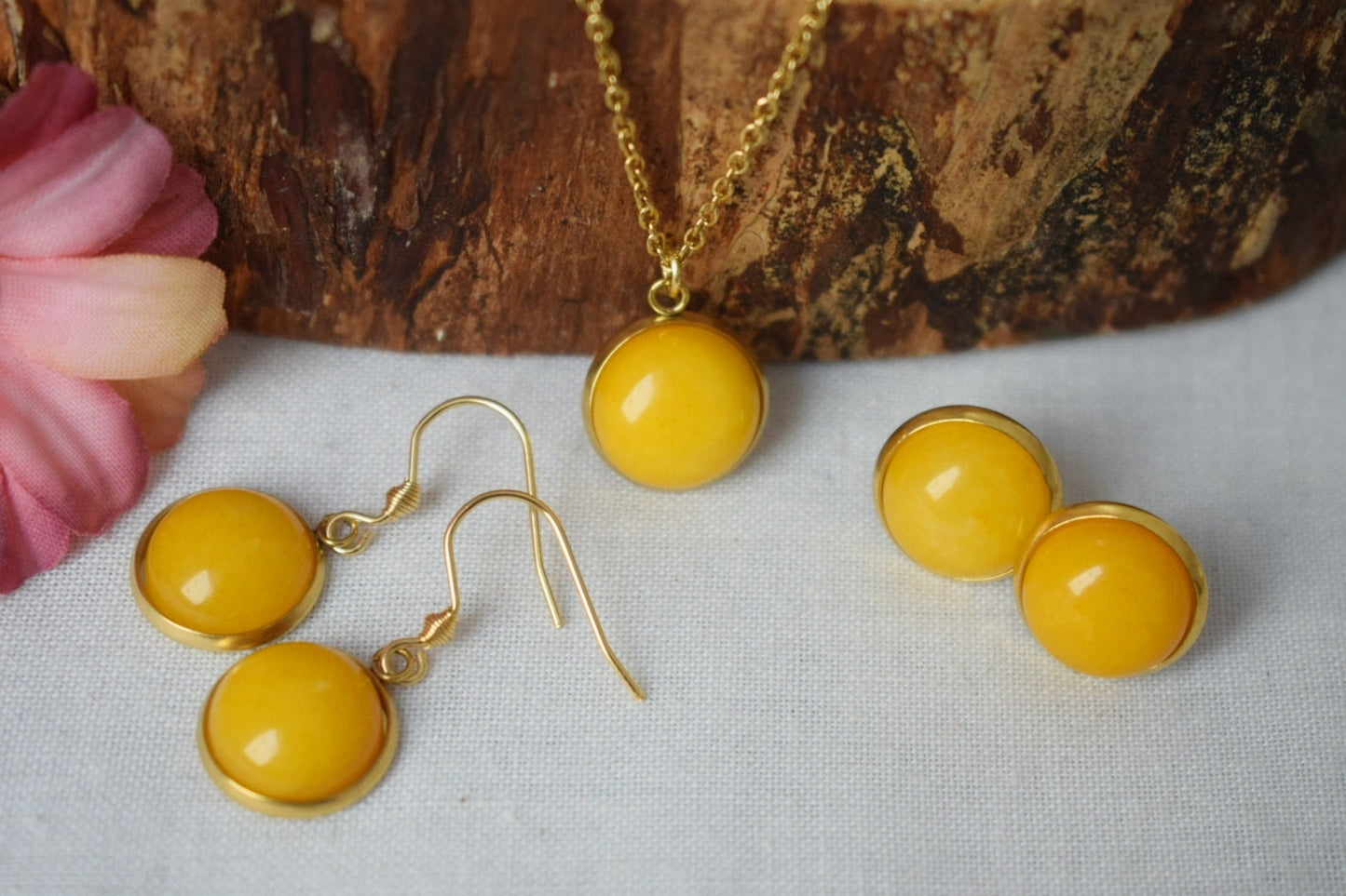 Yellow jade stud earrings, Small round gemstone earrings, Push back earrings, Handmade jewelry, Handmade gift for her