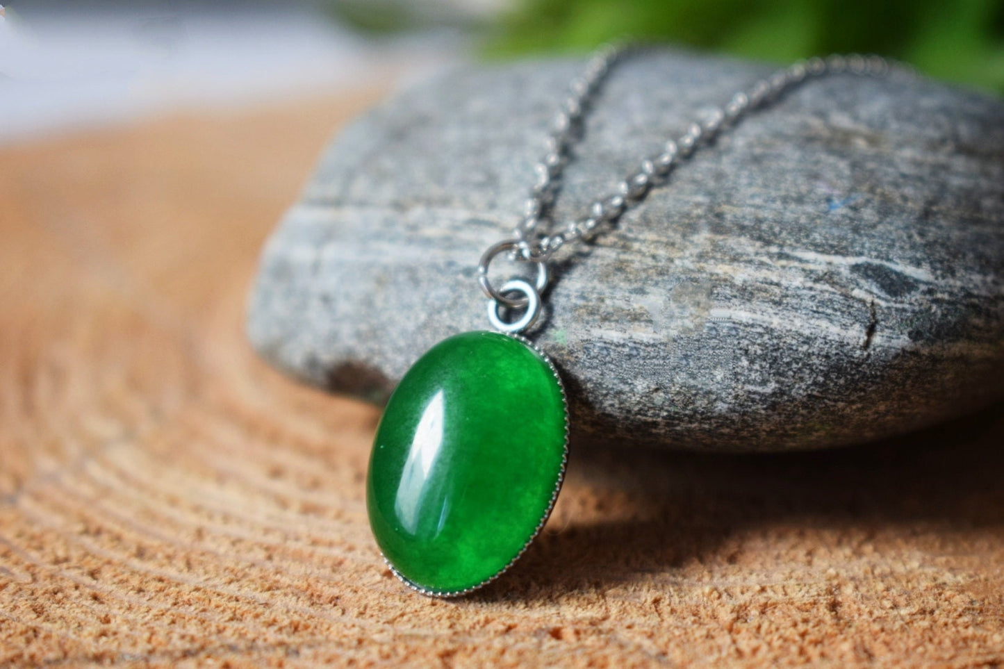 Green jade pendant necklace silver for women, Oval, Green necklace, Green gemstone necklace, Jade pendant, Handmade jewelry gift for her