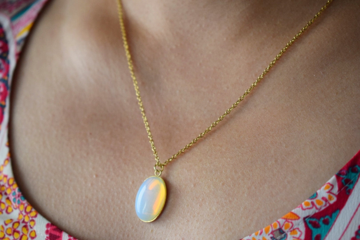 Rainbow Opalite Necklace gold, Moonstone gemstone oval pendant for women, Bridesmaid Necklace, Handmade Jewellery, Mother's day gift