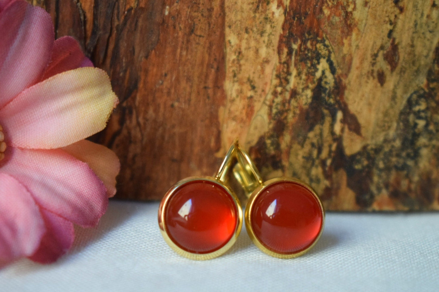 Carnelian earrings, Gemstone dangle earrings, Red orange natural stone, Handmade 18k gold plated jewelry, Valentine's day gift for her