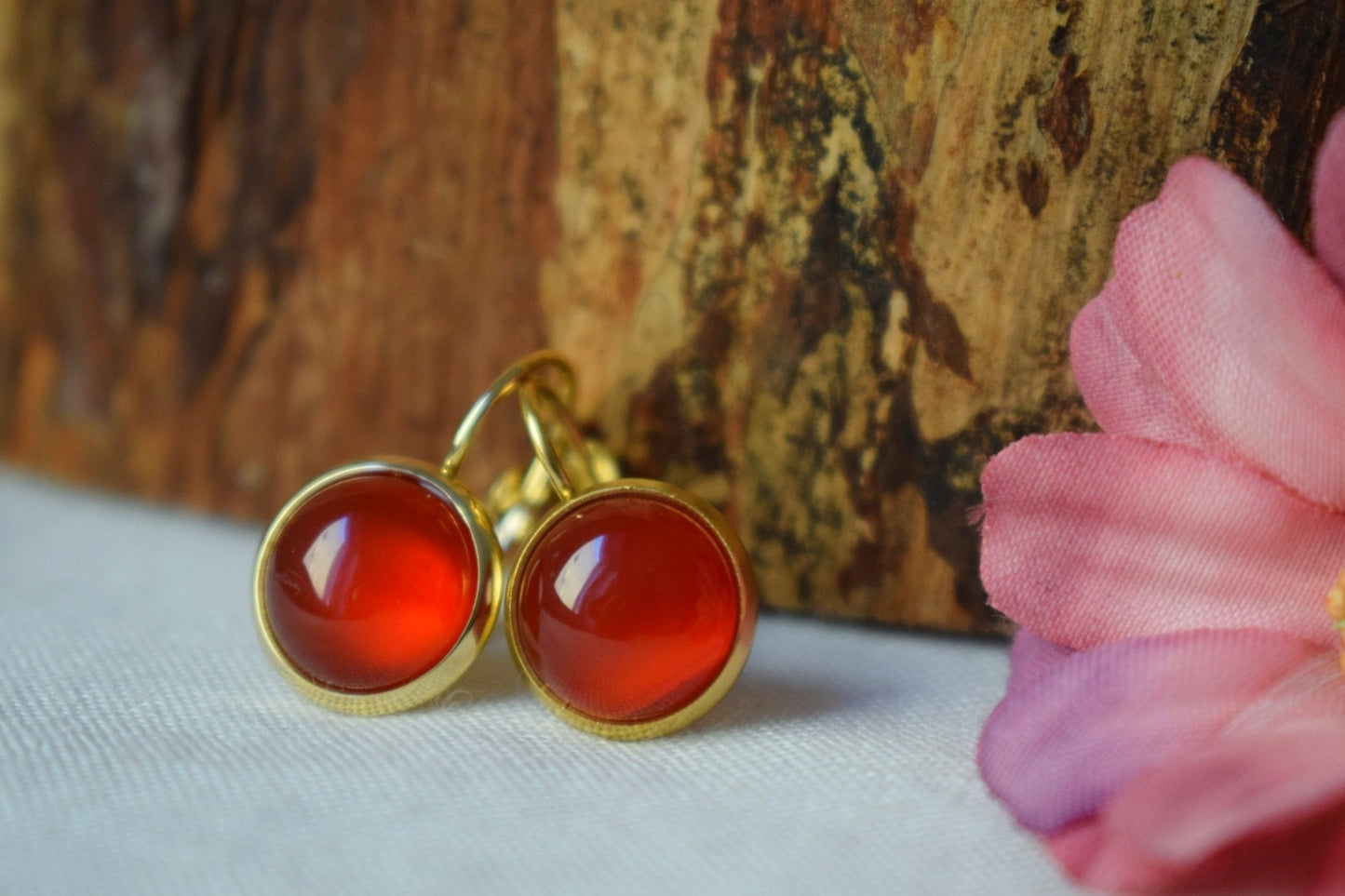 Carnelian earrings, Gemstone dangle earrings, Red orange natural stone, Handmade 18k gold plated jewelry, Valentine's day gift for her