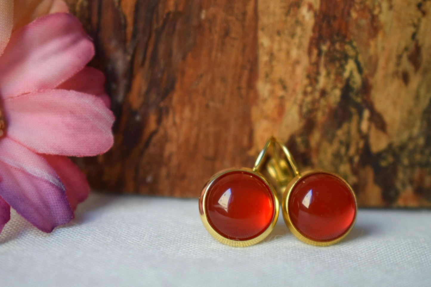 Carnelian earrings, Gemstone dangle earrings, Red orange natural stone, Handmade 18k gold plated jewelry, Valentine's day gift for her