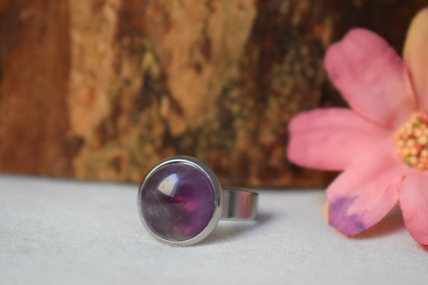 Amethyst gemstone ring, Natural stone adjustable ring, Everyday purple round crystal ring, Handmade jewelry, Birthday gift for her