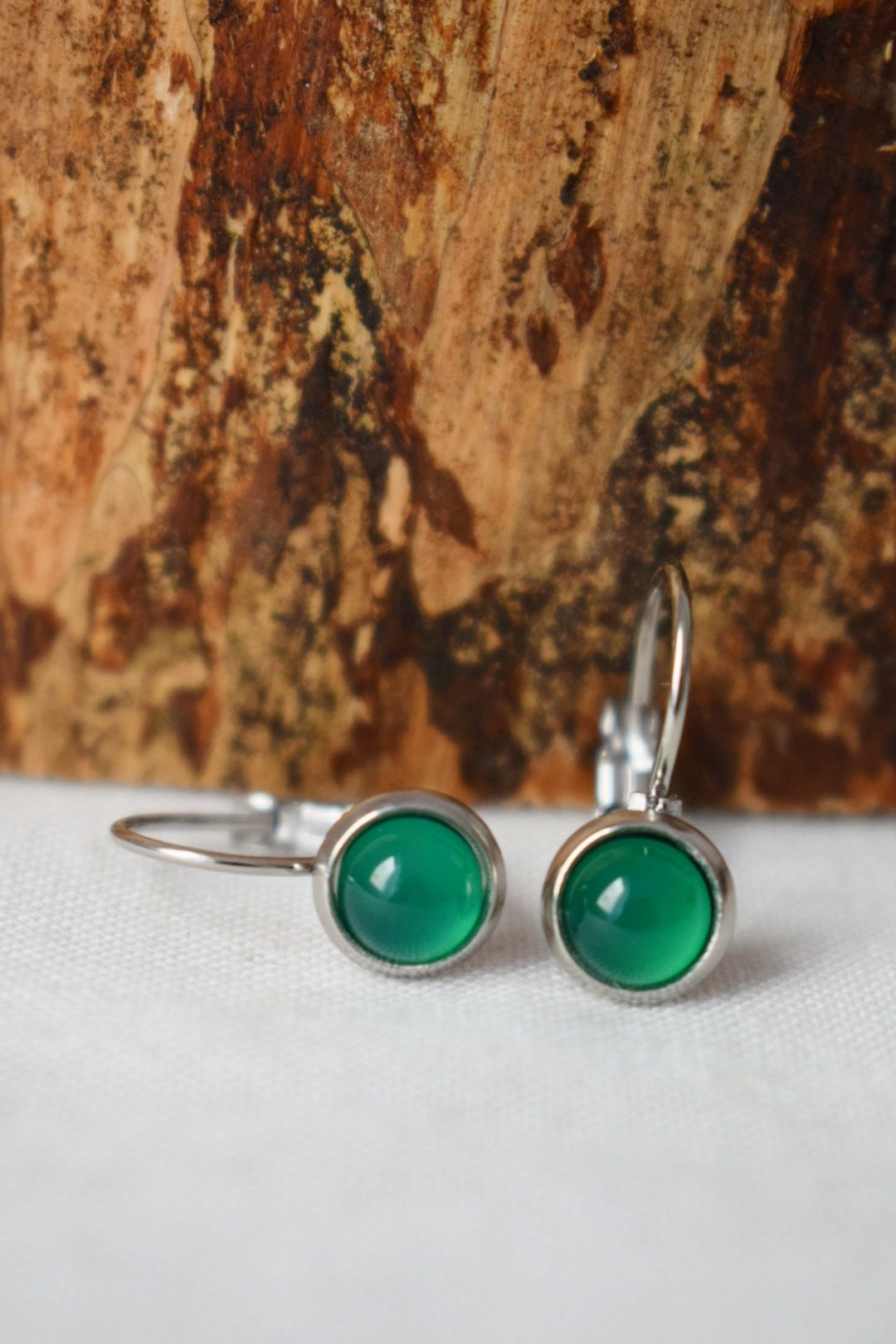 Green agate earrings stainless steel leverback dangle 6mm round gemstone handmade unisex jewelry gift, Best christmas gift