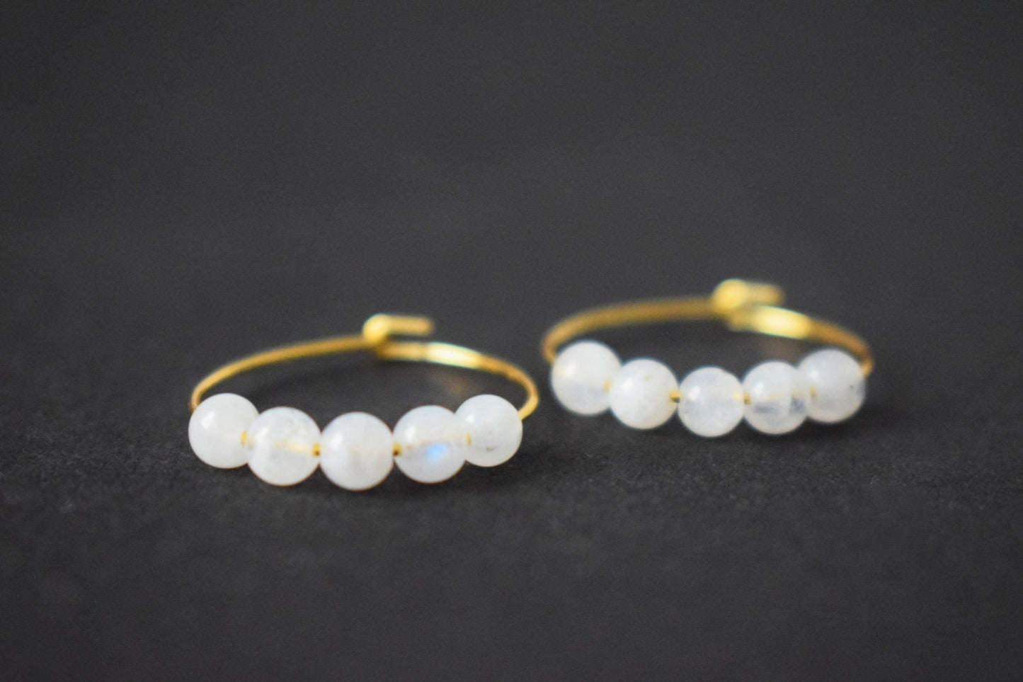 Moonstone hoop earrings with 20mm 18k surgical steel gold hoops, Minimalist, Moonstone gold earrings, Anniversary birthday gift for her