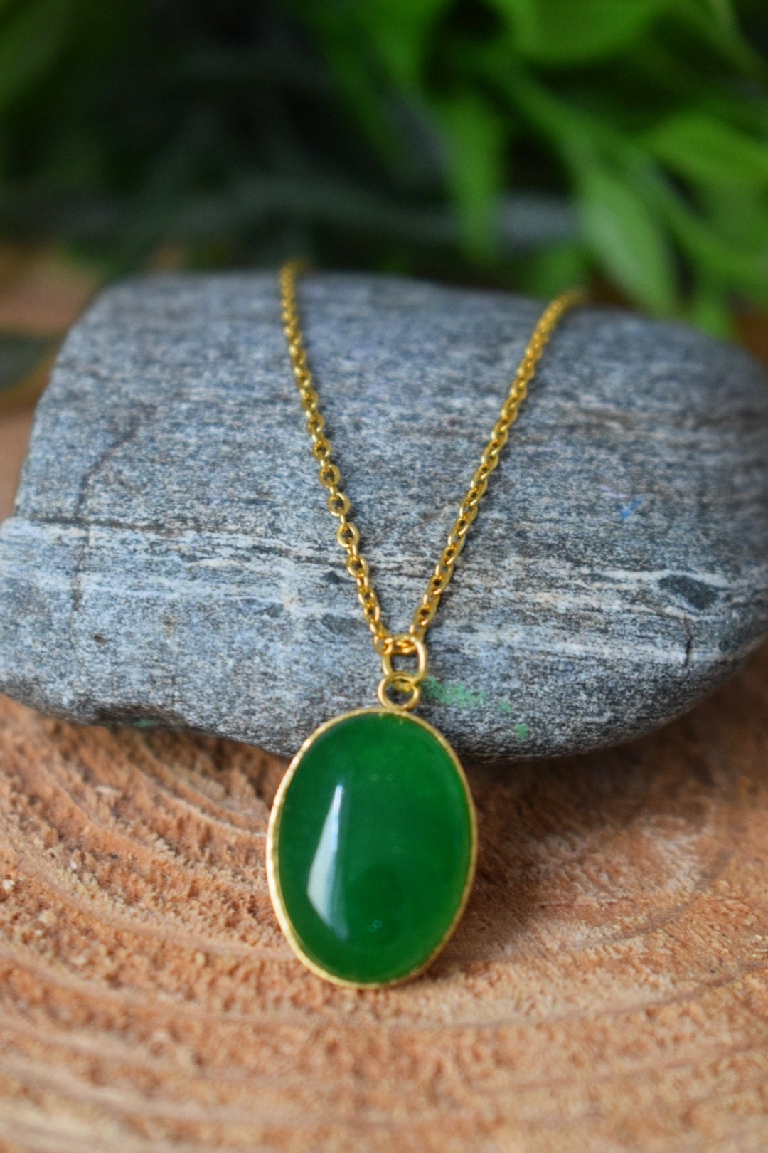 Green jade necklace gold for women, Oval pendant gemstone necklace, Statement necklace, Green stone pendant, Handmade jewelry gift for her