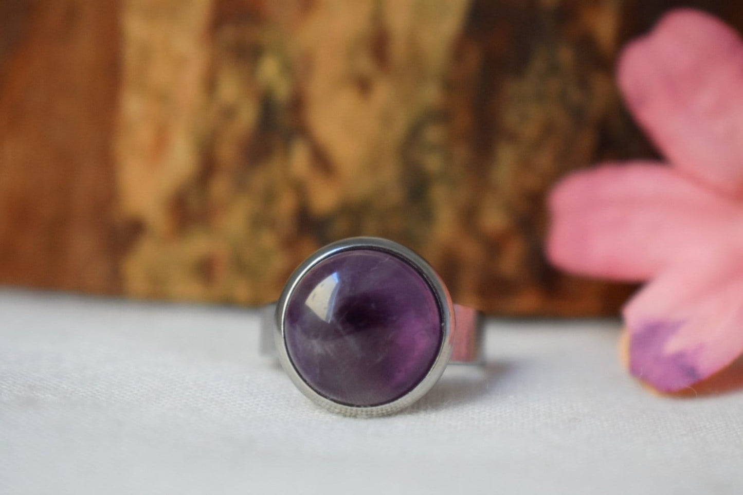 Amethyst gemstone ring, Natural stone adjustable ring, Everyday purple round crystal ring, Handmade jewelry, Birthday gift for her