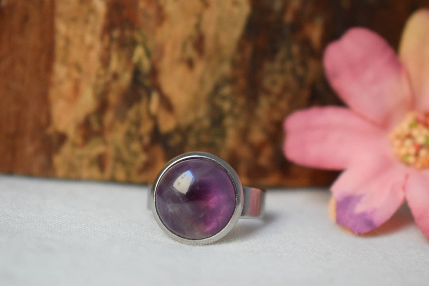 Amethyst gemstone ring, Natural stone adjustable ring, Everyday purple round crystal ring, Handmade jewelry, Birthday gift for her
