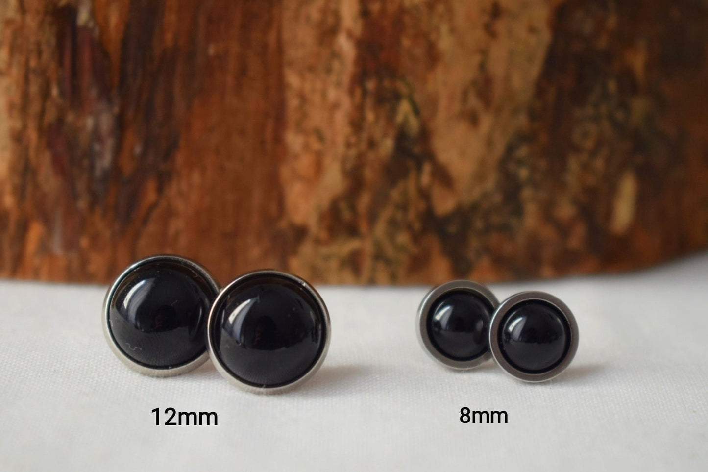 Black agate stud earrings, 18k gold plated stainless steel studs, 10mm gemstone round push backs, Small post earrings, Unisex jewelry gift