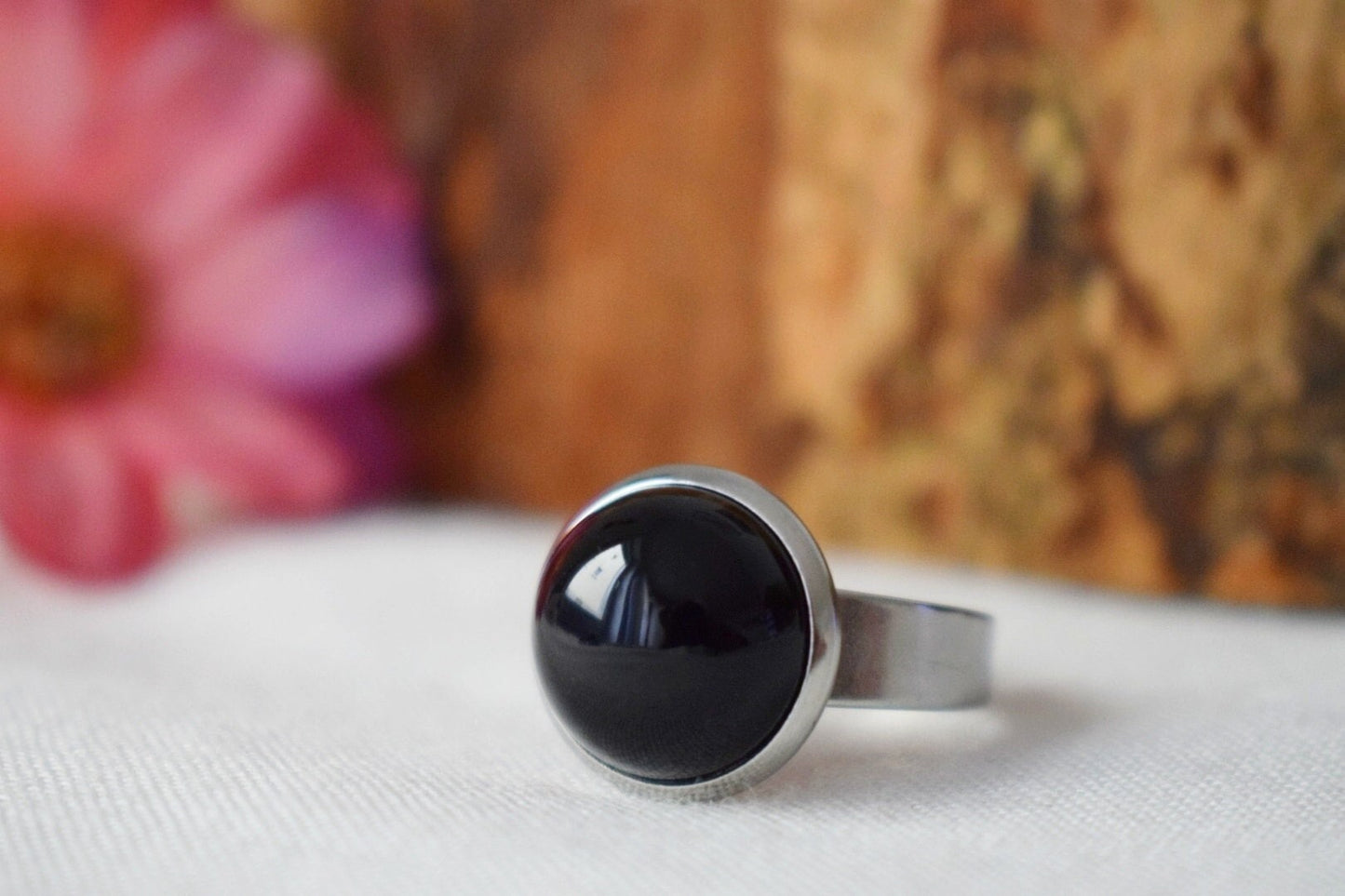 Black agate round ring, Small black gemstone adjustable ring, Everyday stone ring, Boho jewelry, Gift for her