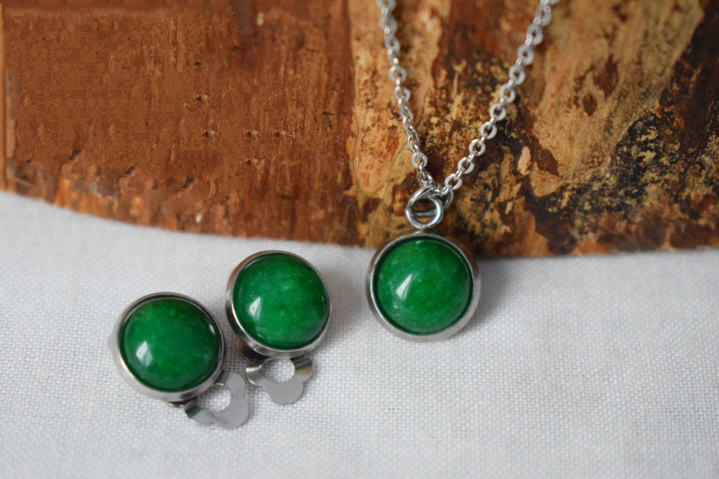 Green jade clip on earrings, 10mm Gemstone ear clips, Surgical stainless steel, Round no hole earrings, Non pierced earrings, Jewelry gift