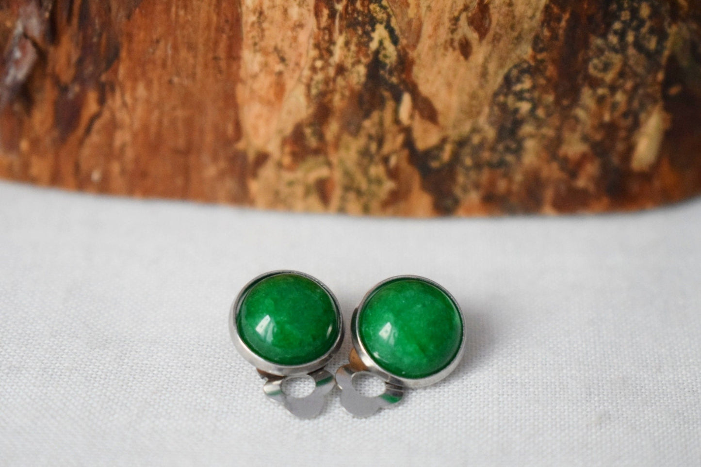 Green jade clip on earrings, 10mm Gemstone ear clips, Surgical stainless steel, Round no hole earrings, Non pierced earrings, Jewelry gift