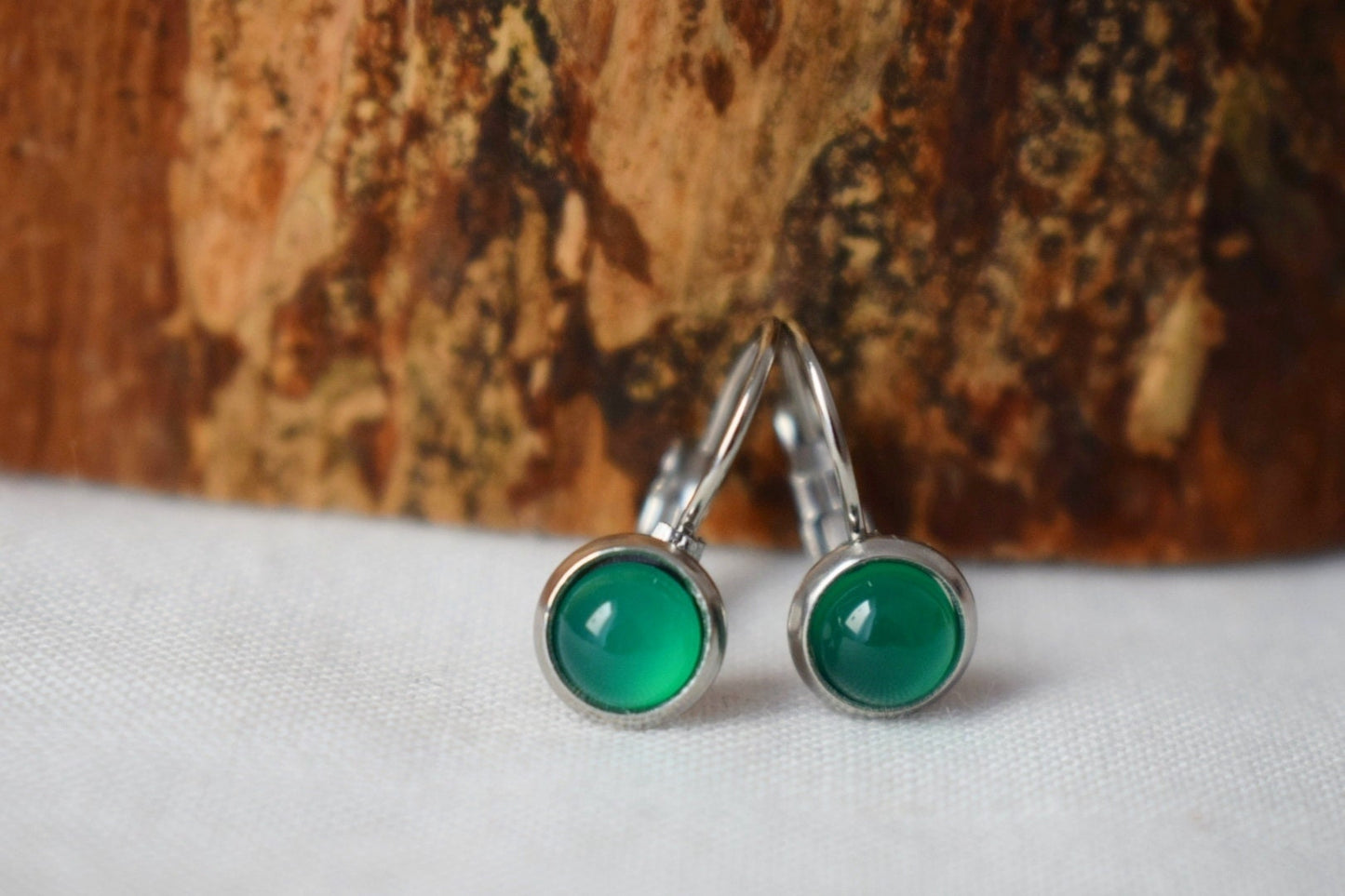 Green agate earrings stainless steel leverback dangle 6mm round gemstone handmade unisex jewelry gift, Best christmas gift
