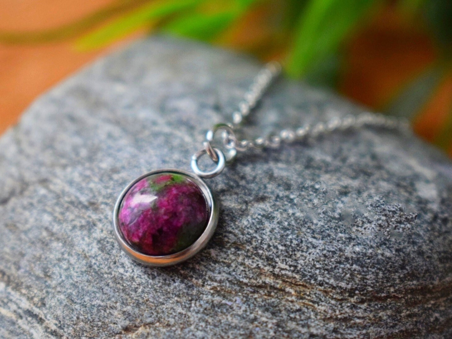 Ruby In Zoisite Gold Necklace Oval, Ruby Zoisite gemstone pendant, Green, Pink, Green stone, Ruby Fuchsite, Ruby in Zoisite Jewelry, Gift