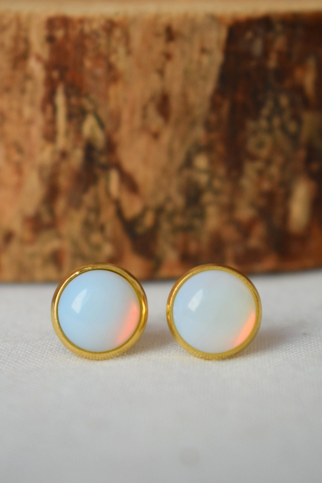 Opalite moonstone stud earrings, Small gemstone stud, Minimalist, White, 10mm studs, Round, Cabochon, Bridesmaid, Gift for Mom wife