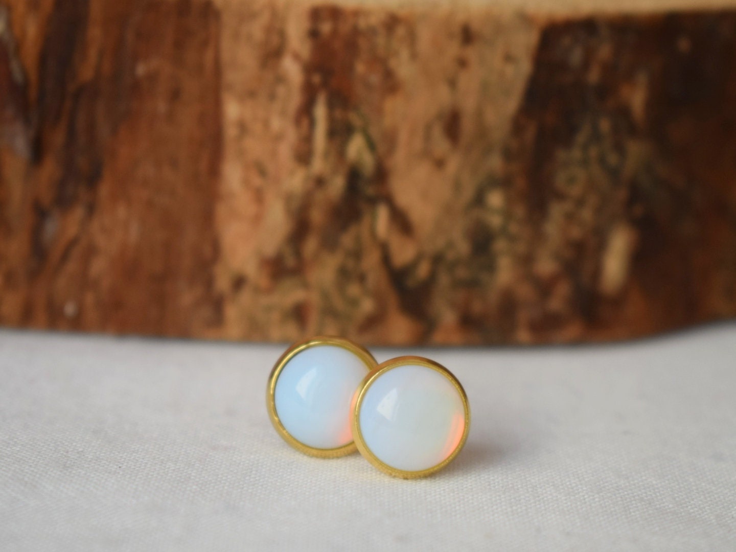 Opalite moonstone stud earrings, Small gemstone stud, Minimalist, White, 10mm studs, Round, Cabochon, Bridesmaid, Gift for Mom wife