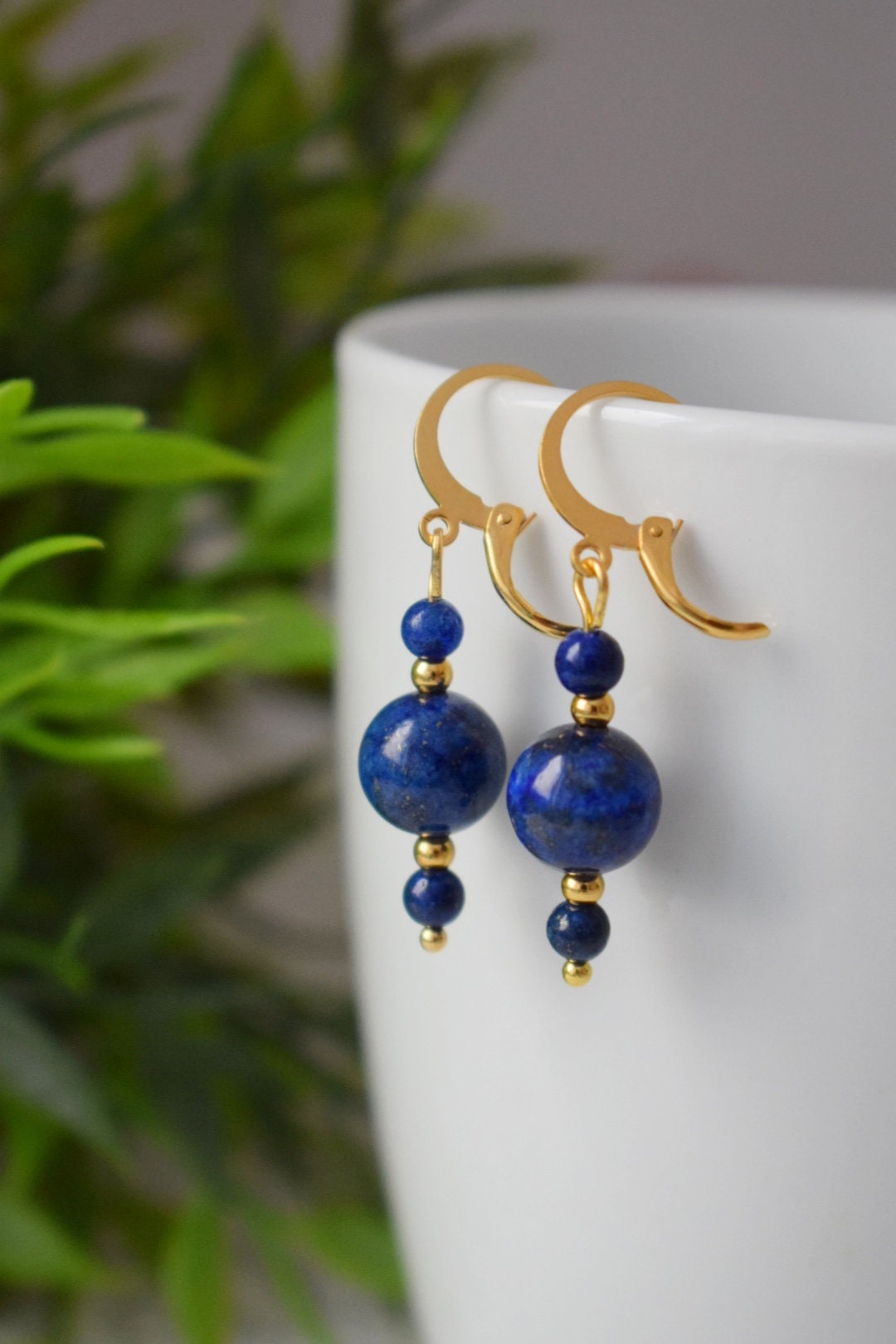 Lapis lazuli earrings, Lapis bead dangle earrings, Dark Blue gold colour small earring, Gemstone, September Birthstone Jewelry, Gift for her