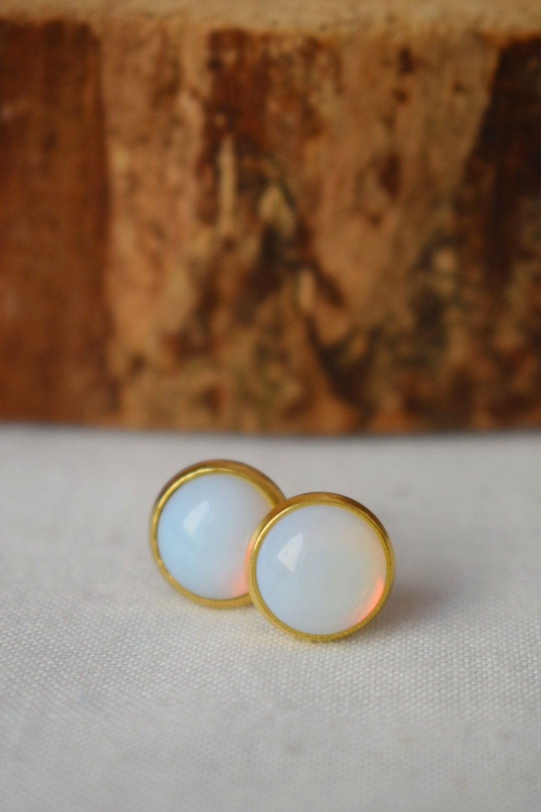Opalite moonstone stud earrings, Small gemstone stud, Minimalist, White, 10mm studs, Round, Cabochon, Bridesmaid, Gift for Mom wife