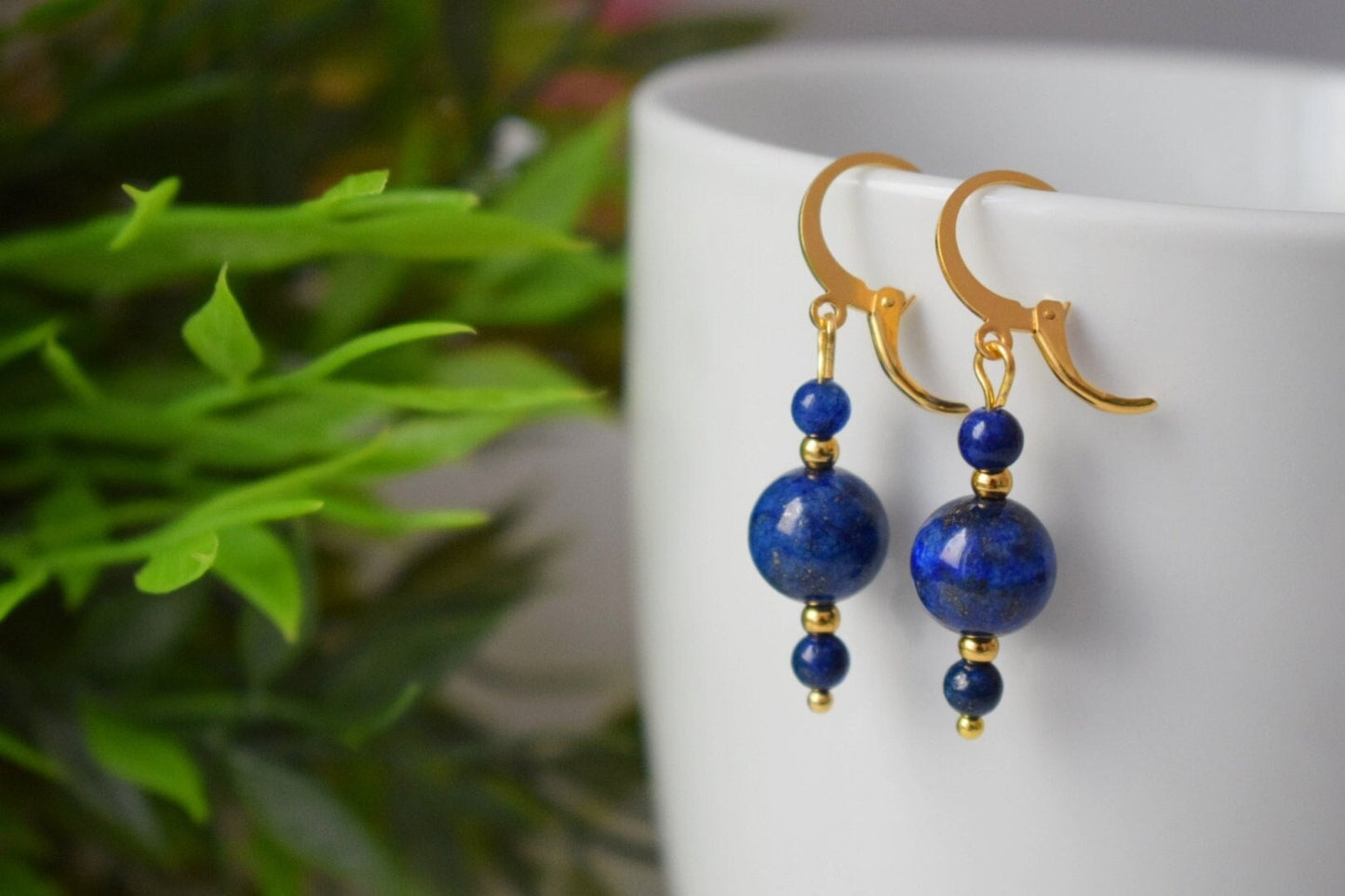 Lapis lazuli earrings, Lapis bead dangle earrings, Dark Blue gold colour small earring, Gemstone, September Birthstone Jewelry, Gift for her