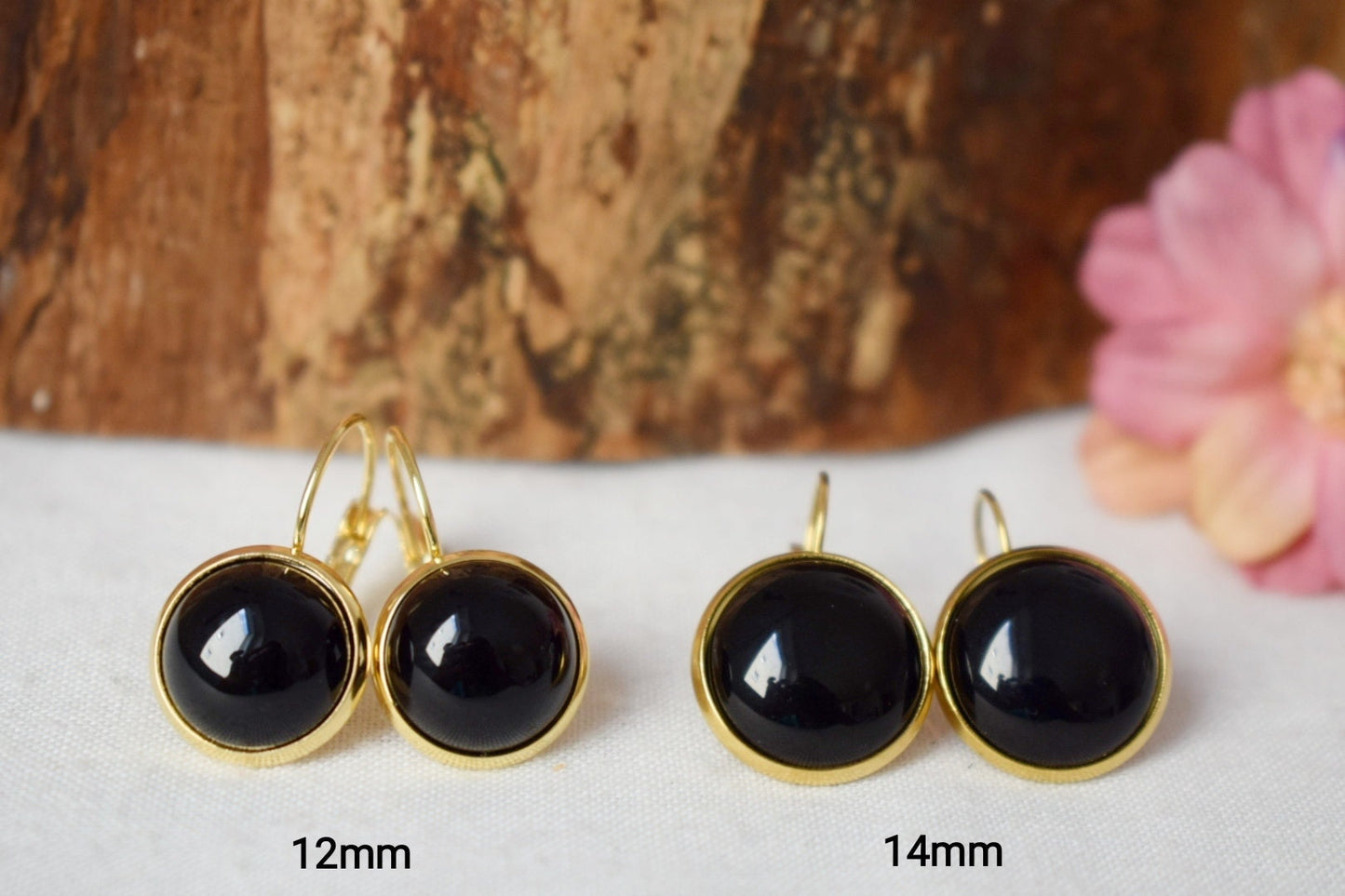 Black agate gold earrings, Black gemstone dangle drop lever back hoop earrings, 8mm black stone hanging earrings, Agate handmade jewelry