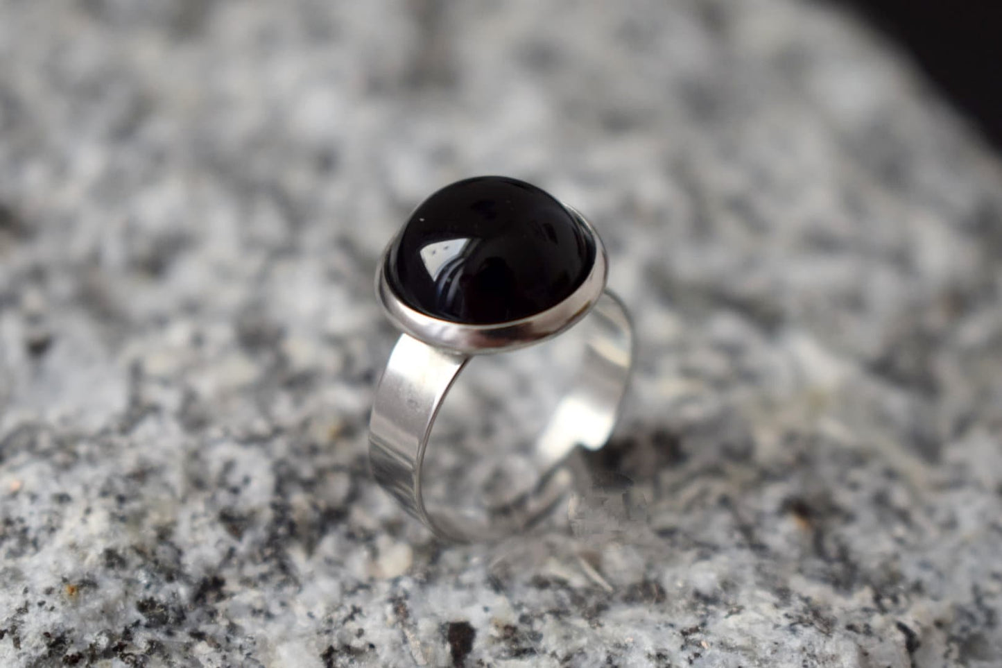 Black agate round ring, Small black gemstone adjustable ring, Everyday stone ring, Boho jewelry, Gift for her